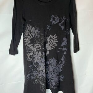 Black Asymmetrical Women's Dress with Gray Floral Motif